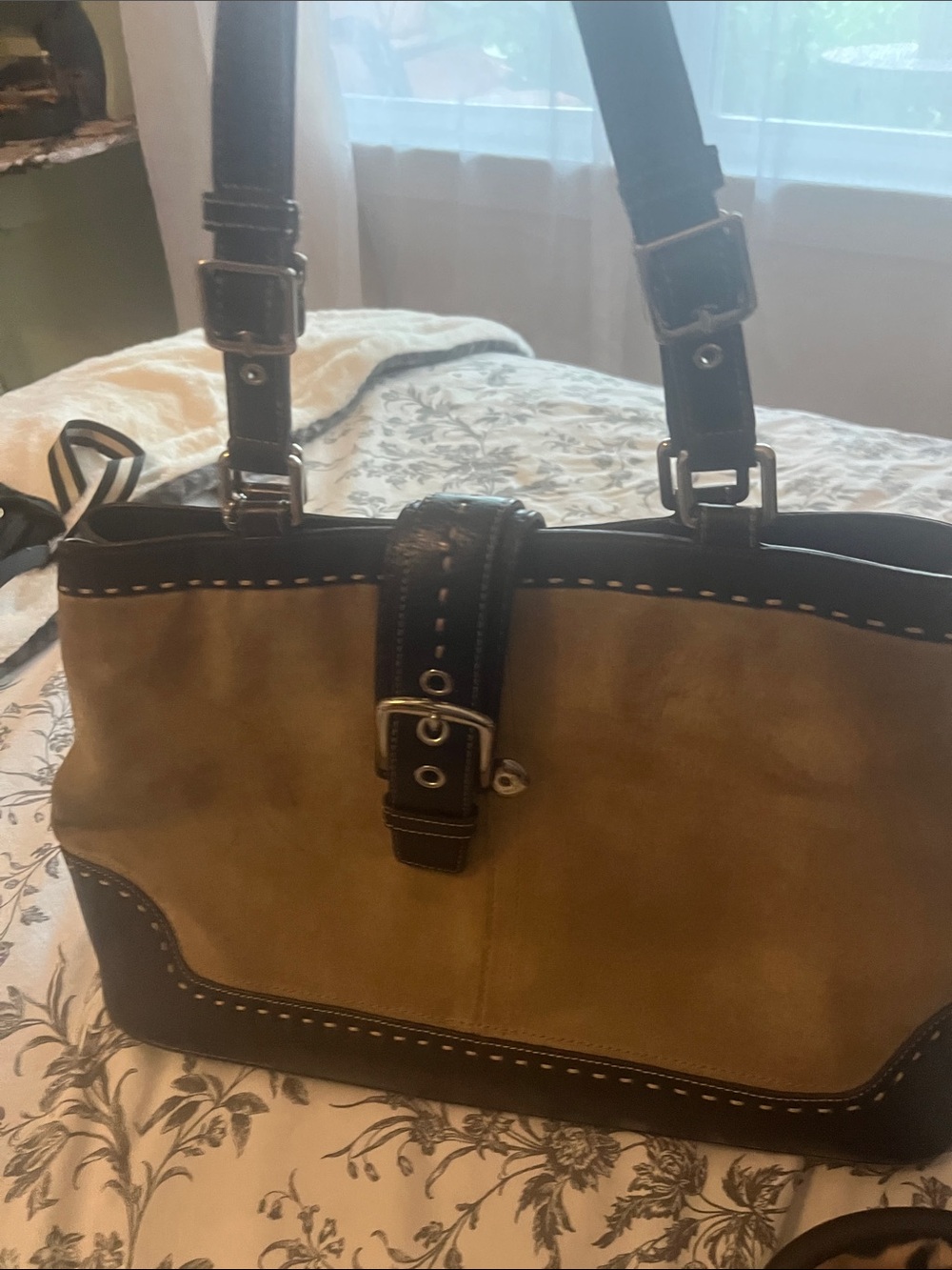 Two-Tone Suede and soft Leather Tote Bag - tan and Dark Brown